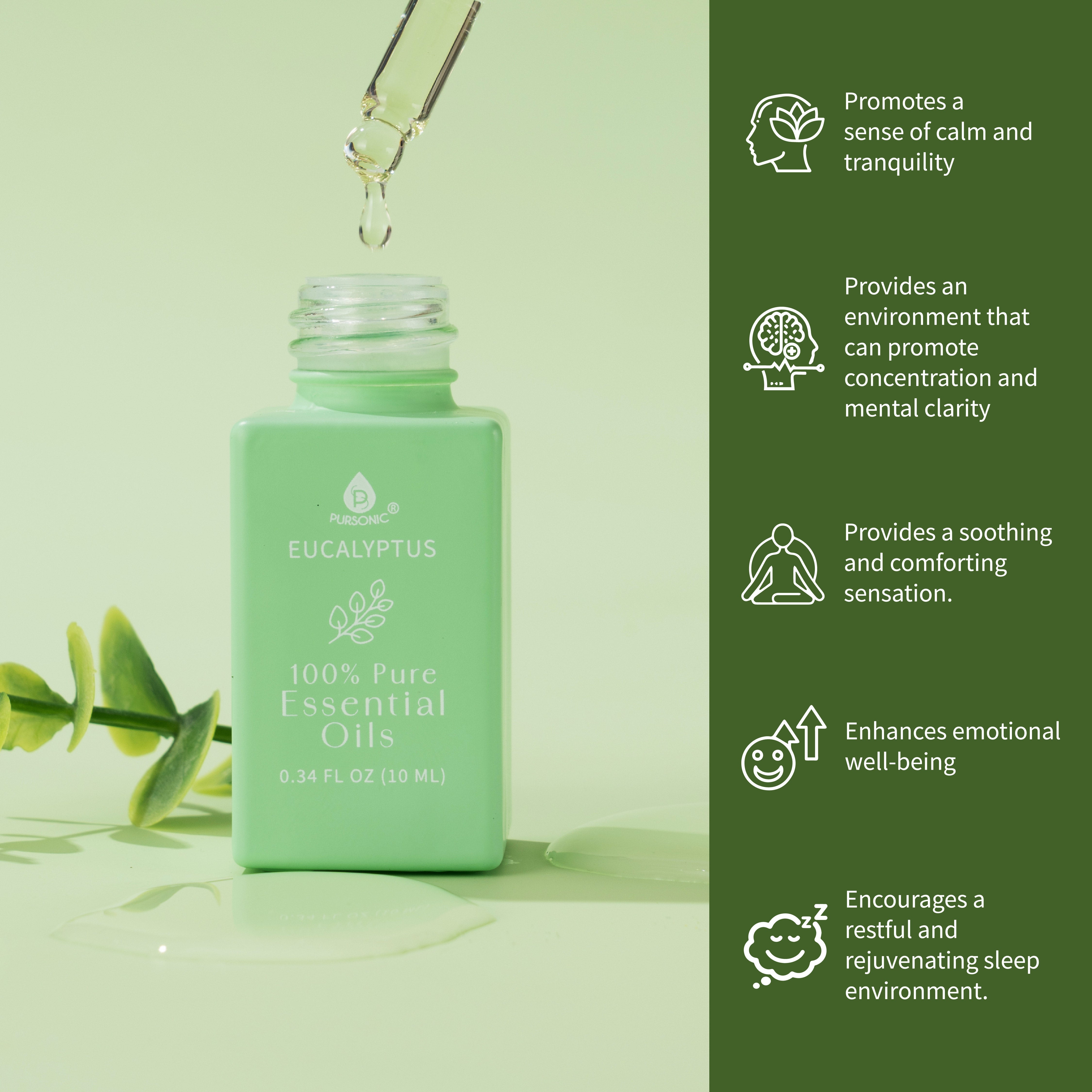 Pursonic 100% Pure Natural Essence Essential Oils – Nature’s Healing Power with Eucalyptus, Frankincense, Lavender, and Peppermint